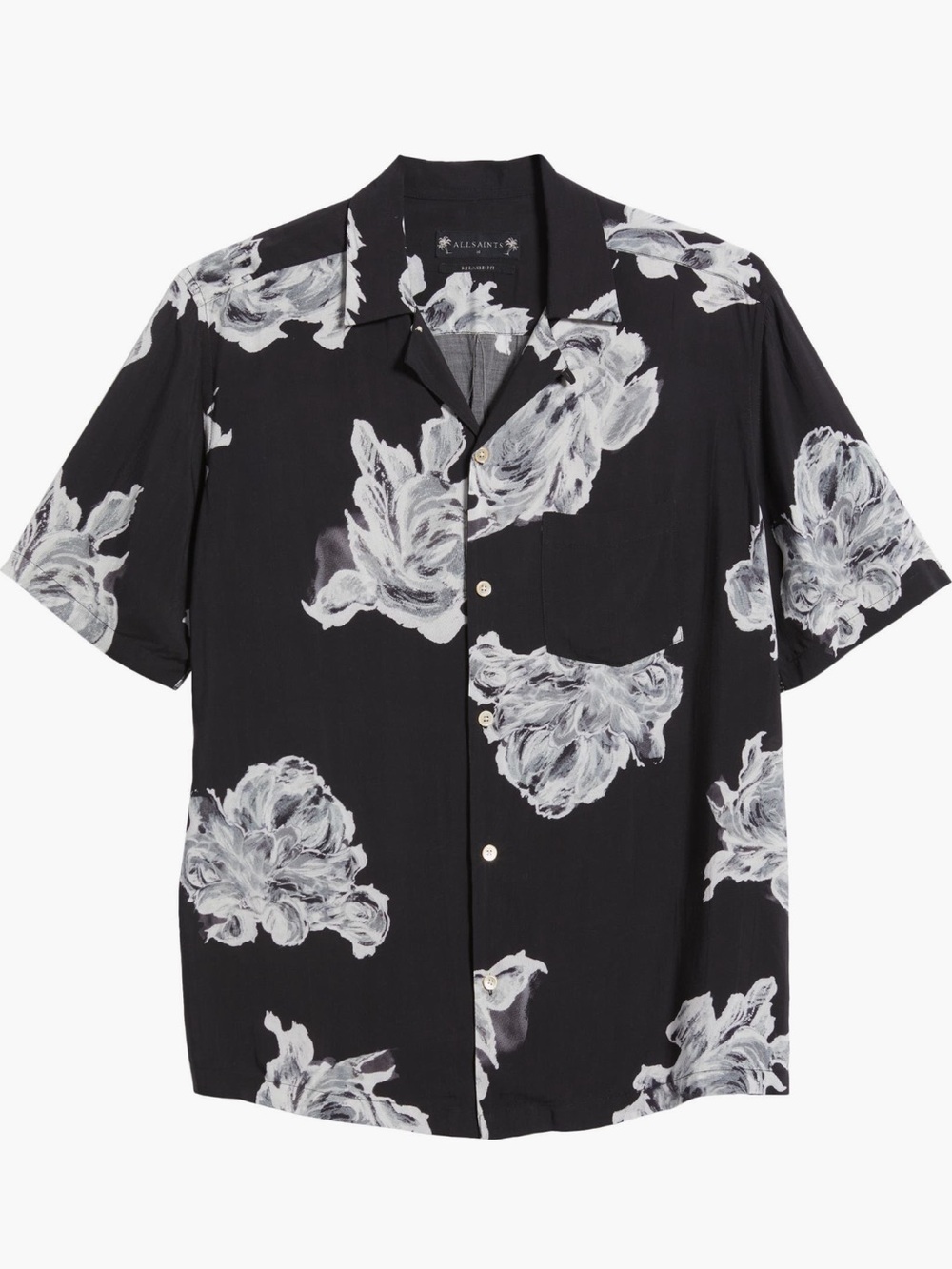 AllSaints Black Short-Sleeve Button-Down Shirt with White Floral Print